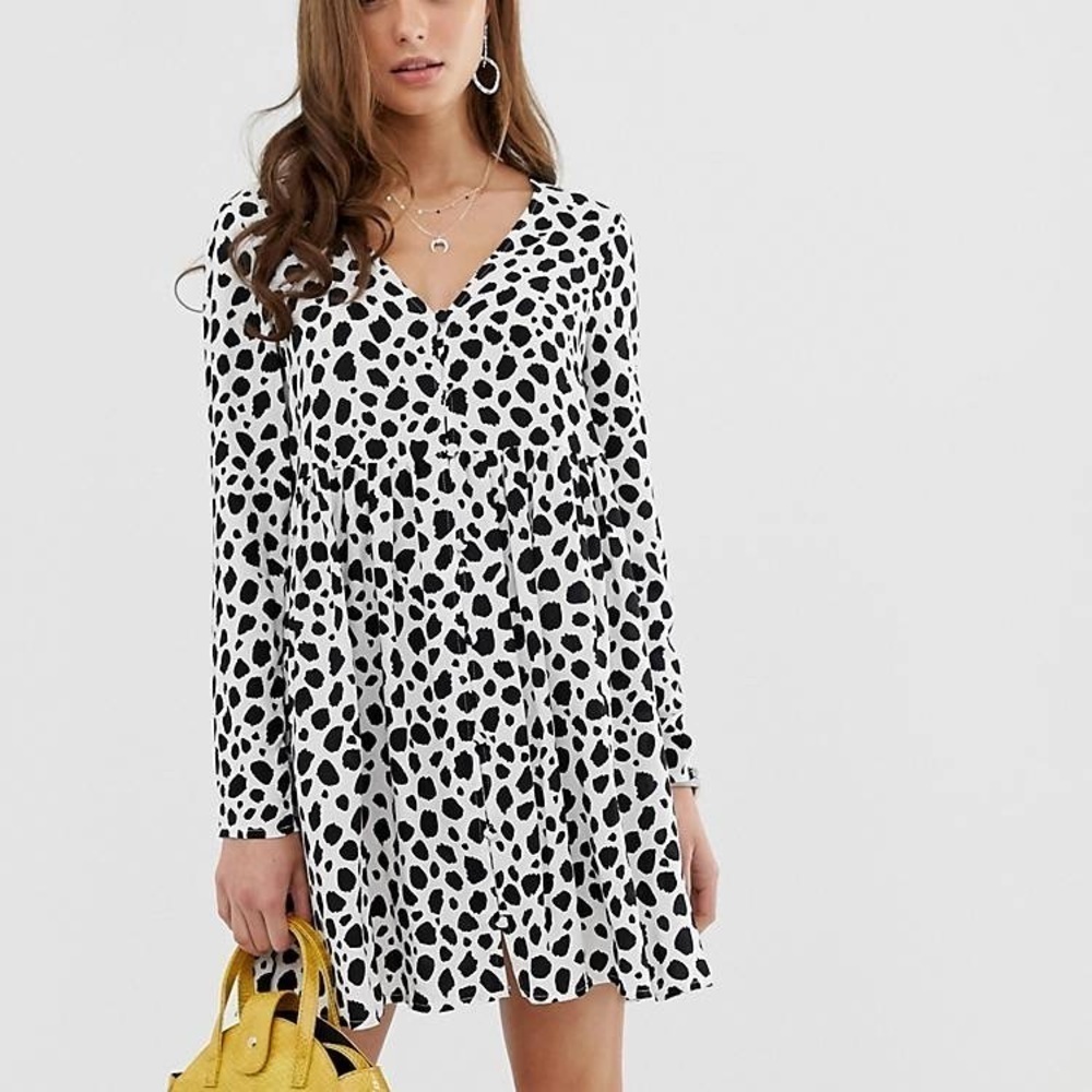 ASOS Design Smock Mini Dress with Button Through in Splodge Print - Size 12